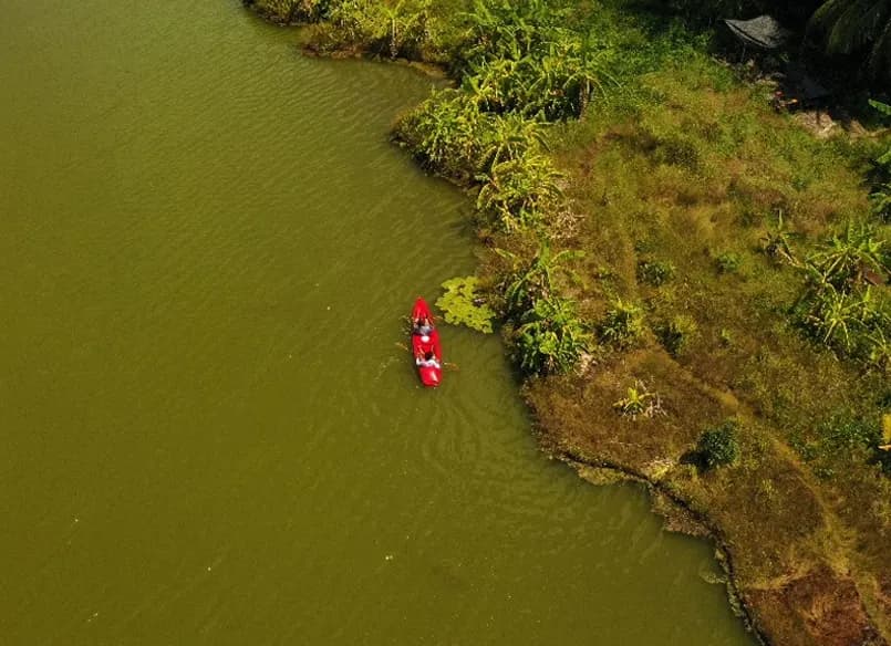 A canoe on the lake, seen from above